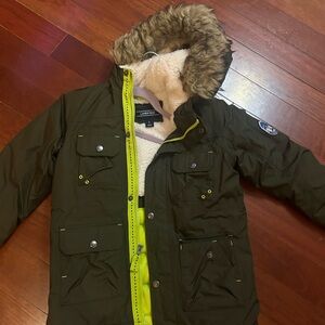 Lands' End Kids' Olive Jacket with Faux Fur Hood
